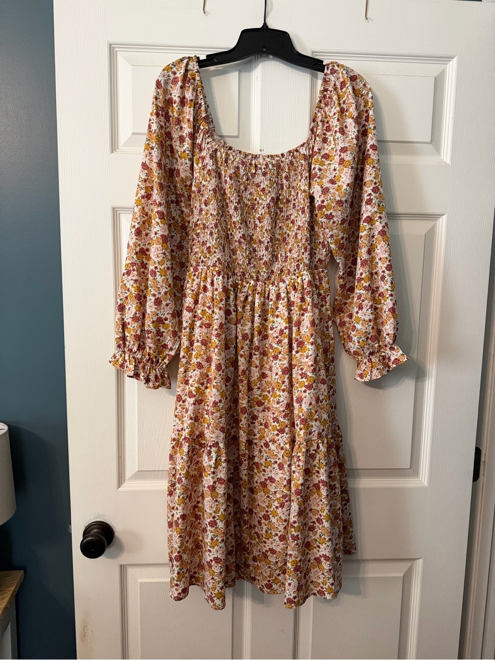 NWOT! Floral Smocked Tiered Midi Dress in Cream and Mustard